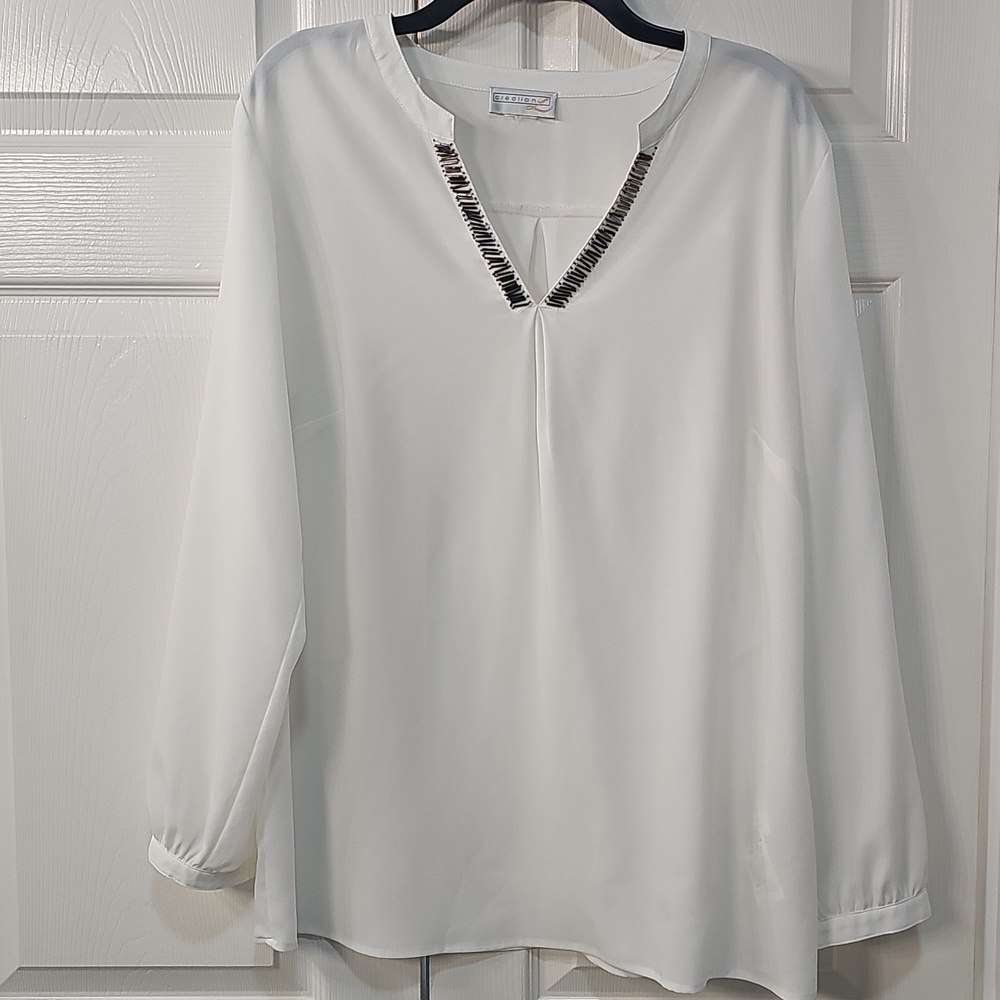 NWOT Creation L Semi Sheer White Blouse Metallic Neckline Size 12